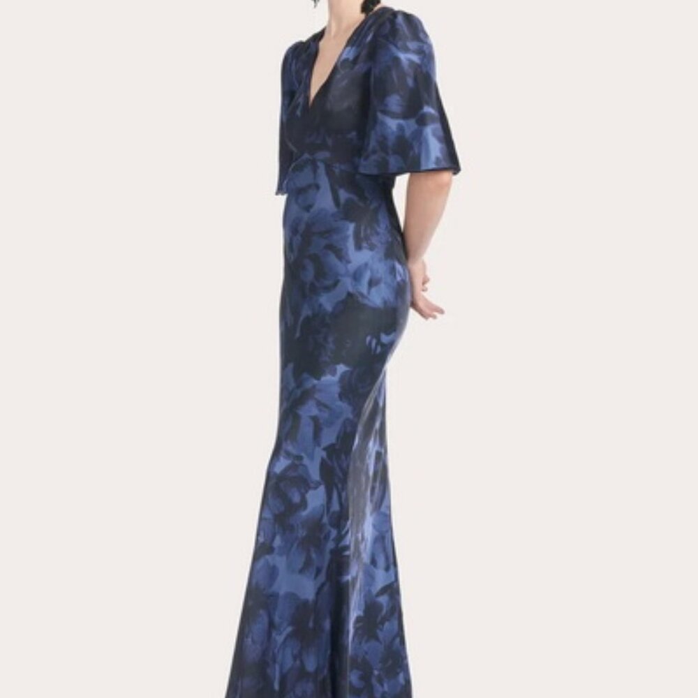 Sachin & Babi Mae Blue Black Floral Print Satin Crepe Trumpet Gown